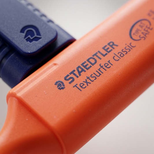 Extreme macro view of the STAEDTLER Textsurfer highlighter, showing detailed barrel texture and sharp branding elements.