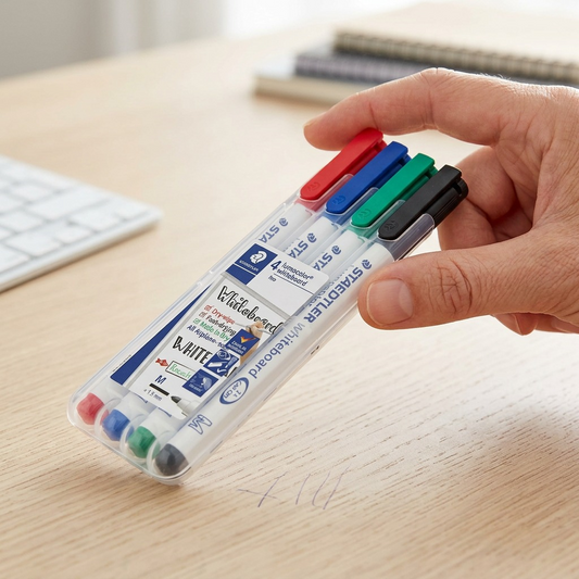 A photo of a pack of STAEDTLER whiteboard markers being held between two fingers to illustrate its compact size.