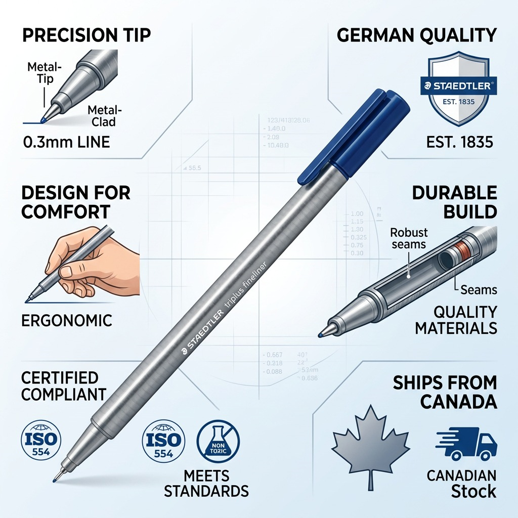 A trust and authority infographic centered on the blue STAEDTLER triplus fineliner, featuring factual specifications, material and manufacturing details, and official certifications, all presented with professional icons and neutral ecommerce styling.