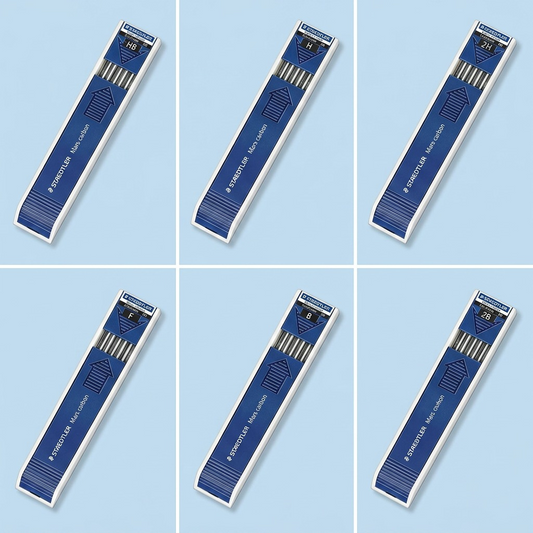Variant matrix displaying six STAEDTLER Mars Carbon 2mm lead tubes in different hardness grades.