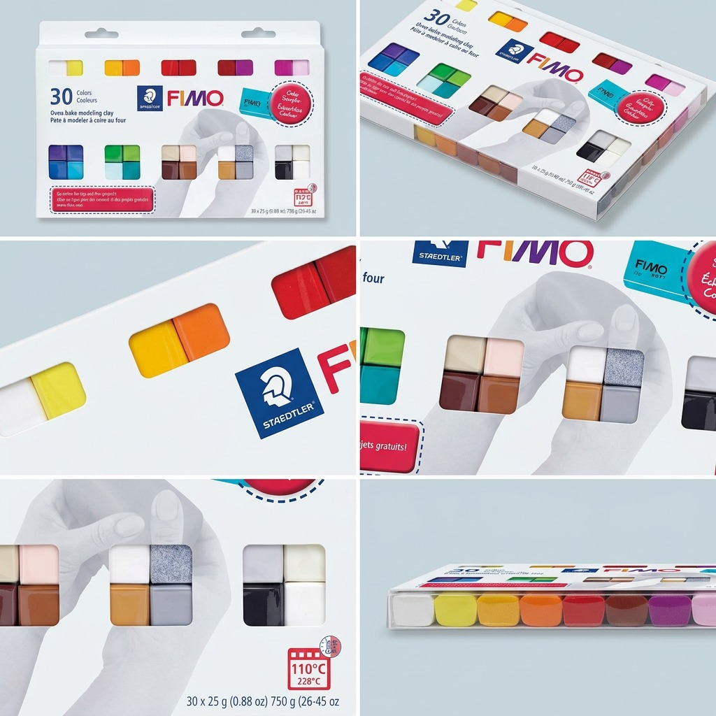 A six-image matrix featuring different angles and close-up views of the STAEDTLER FIMO Soft 30-color pack.