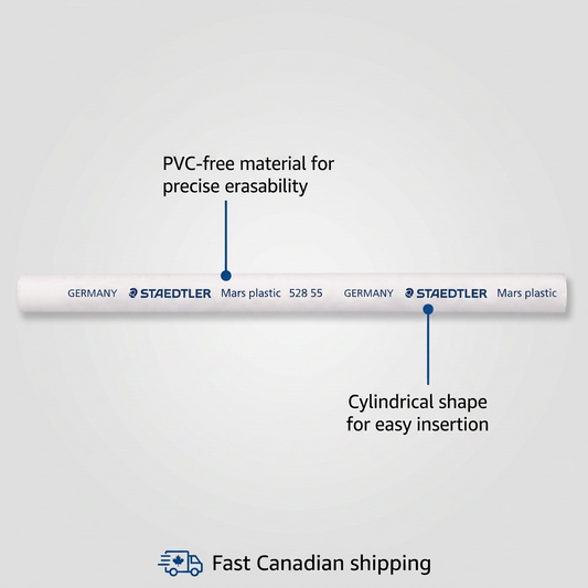 A feature matrix image of the STAEDTLER Mars plastic 528 55 eraser core refill, detailing key operational features with pointer lines and concise text: 'PVC-free material for precise erasability' and 'Cylindrical shape for easy insertion.' Features clear manufacturer branding and a 'Fast Canadian shipping' graphic.