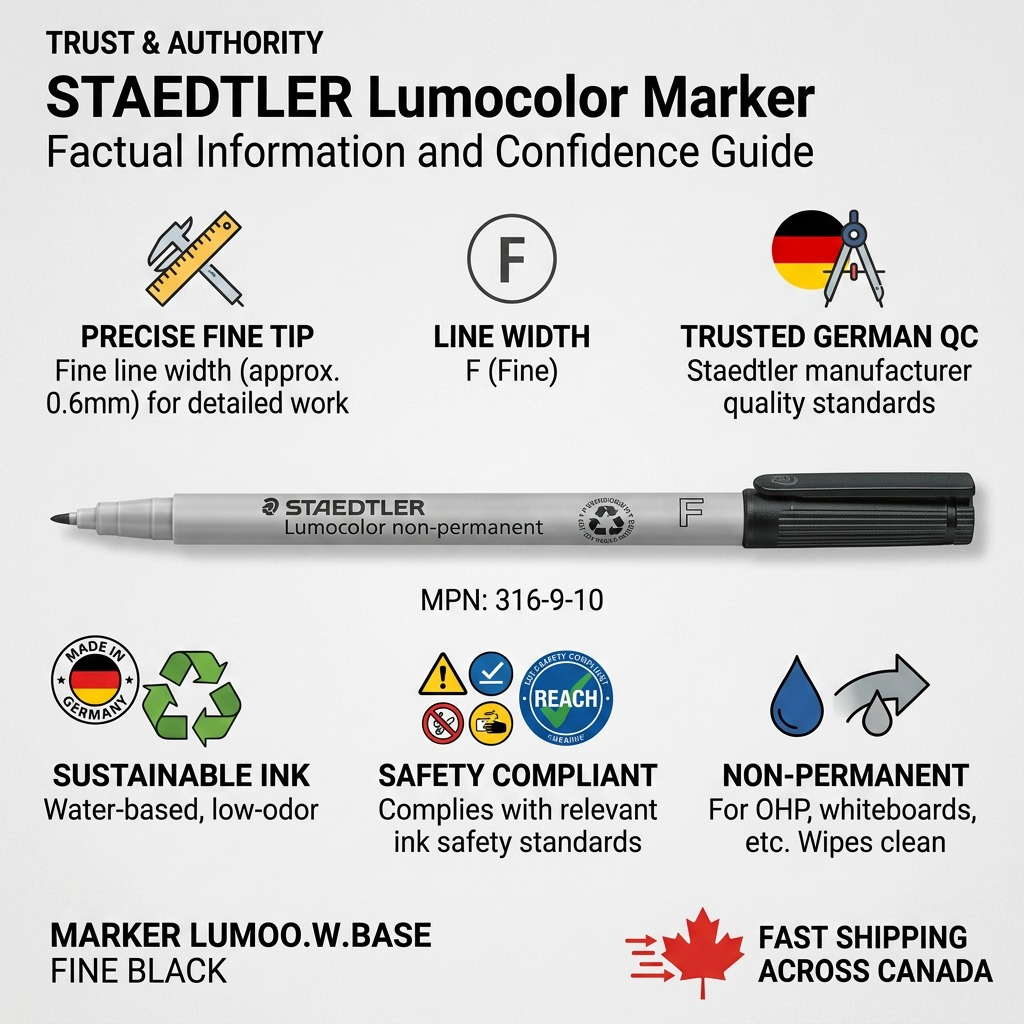 An infographic matrix focused on product trust and authority for STAEDTLER Lumocolor markers, including product features and fast Canadian shipping.