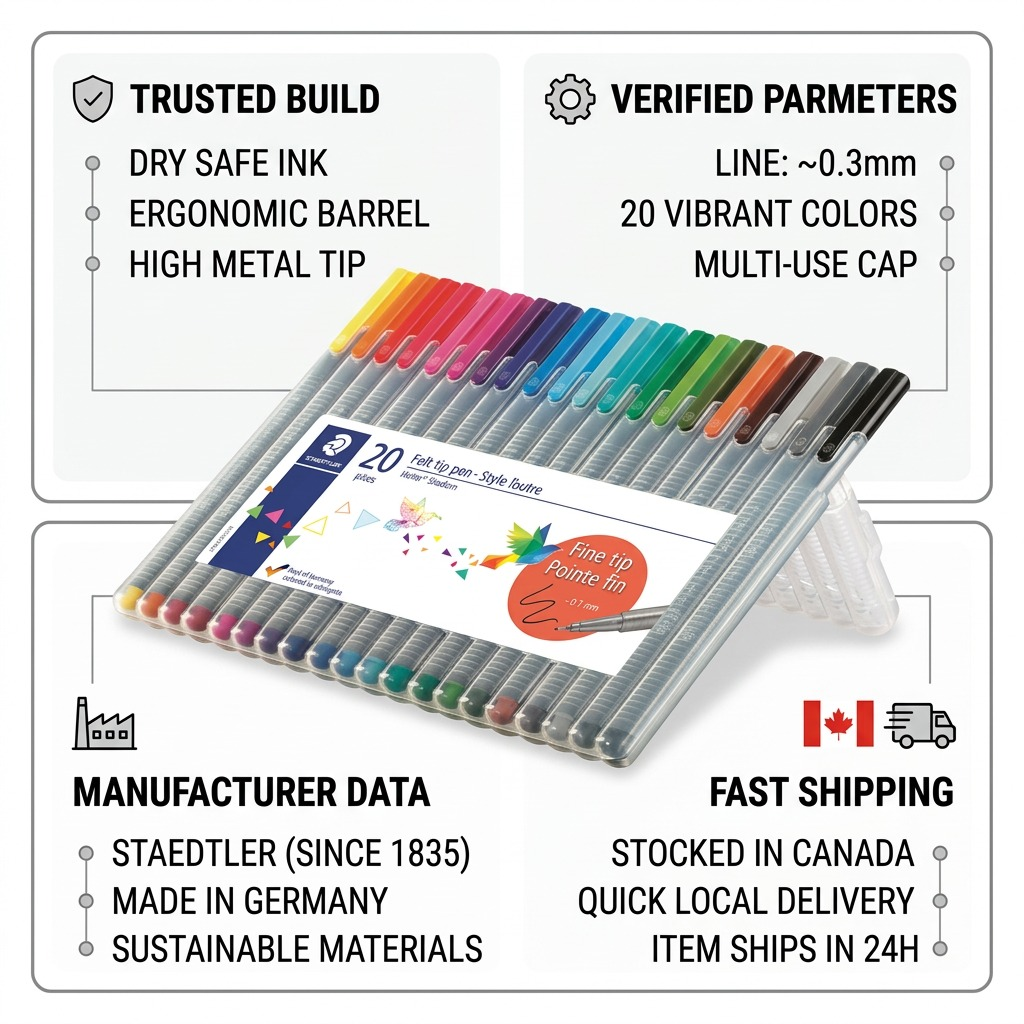 STAEDTLER Fineliner Pens trust infographic with product specs and fast Canadian shipping details.