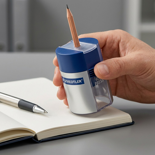 A hand holds the blue and silver STAEDTLER pencil sharpener from image_0.png, showcasing its compact, ergonomic size for scale reference.
