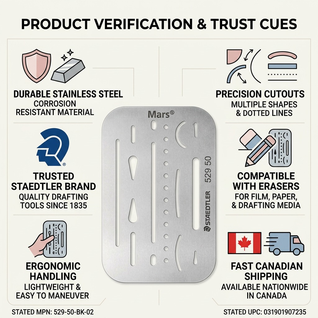 Graphic for STAEDTLER Mars erasing shield, highlighting durability, precision, authority, ergonomic design, compatibility, and fast Canadian shipping.