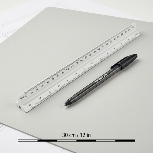 A scale reference image showing the STAEDTLER architectural triangular ruler beside a standard pen for size comparison.