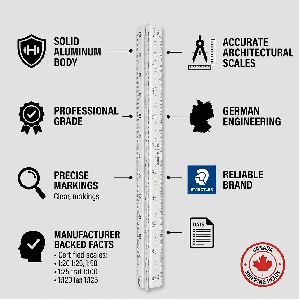 Infographic of STAEDTLER (98718-1) architectural triangular ruler, detailing solid aluminum, accurate scales, German engineering, reliable branding, and manufacturer-verified specs, with a Canadian shipping ready badge.