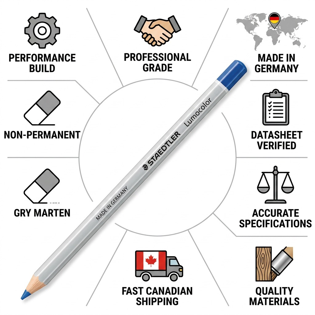 Product infographic with STAEDTLER pencil showing icons for quality, shipping, and build details.