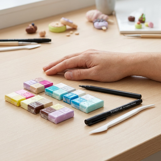 A scale reference photo showing the opened STAEDTLER Fimo Foodie Fun set neatly arranged beside a standard adult hand, clearly communicating its proportions and components in a creative studio setting.