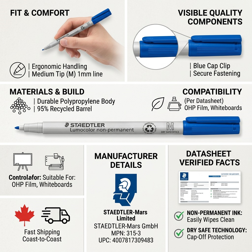 A clean product visual matrix infographic detailing features of the blue STAEDTLER non-permanent marker.