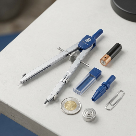 A scale reference photo showing the metal STAEDTLER compass set next to a standard AA battery and a pen.