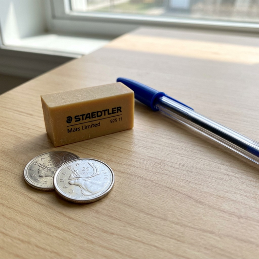 A photo of the specified STAEDTLER eraser, maintaining all original details and markings, is placed on a light wooden desk, positioned immediately next to two stacked standard Canadian quarters, offering a precise visual scale comparison in a neutral environment.