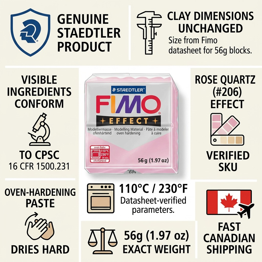 Trust and authority infographic for STAEDTLER Fimo Effect Rose Quartz, featuring key factual cues and icons.