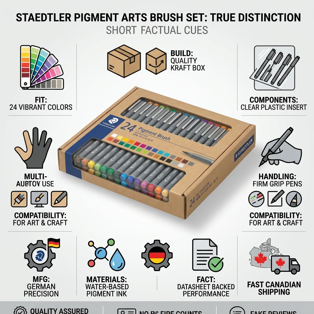 STAEDTLER (371-C24-10-35) 24 Pigment Arts Brush set product and authority visual. Factual cues on build, pigment, and fast Canadian shipping. Clean matrix style.