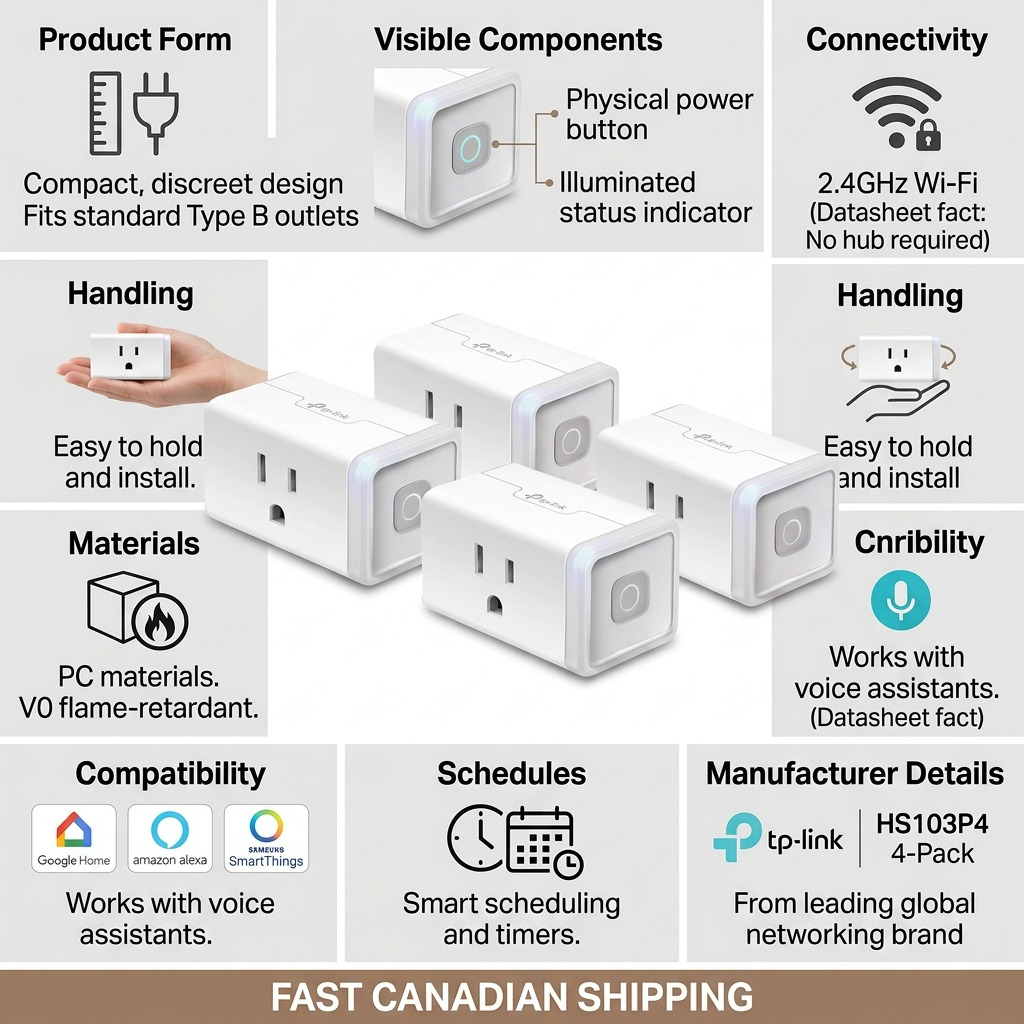 Here is your PDP visual matrix image for the TP-Link Kasa Smart Wi-Fi Plugs. The graphic highlights key features including smart scheduling, compact design, reliable connection, and ease of use, all within a clean, authoritative infographic style.