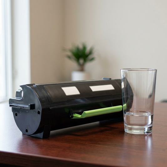 A black toner cartridge and a drinking glass on a wood surface for scale.