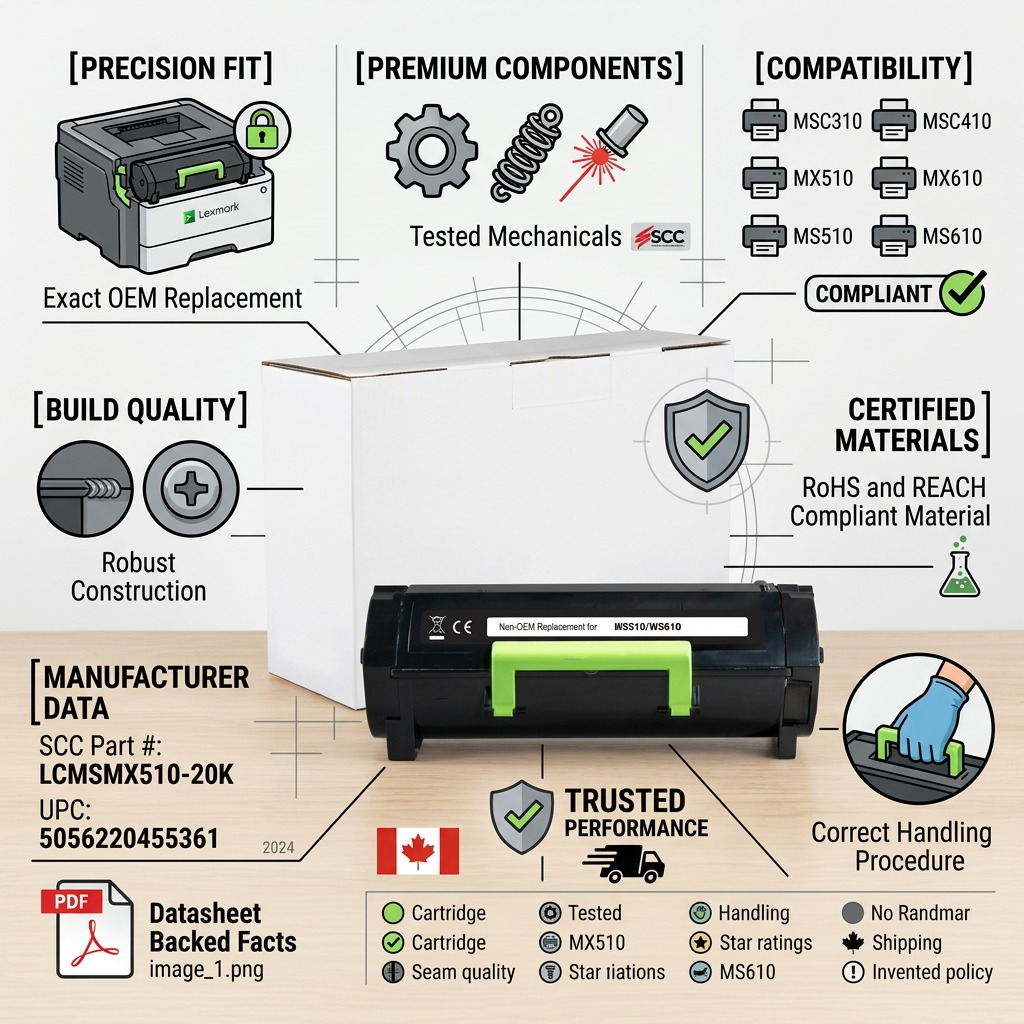 Trust and authority infographic matrix for the Static Control compatible Lexmark 500ZA imaging unit, showing factual specs.