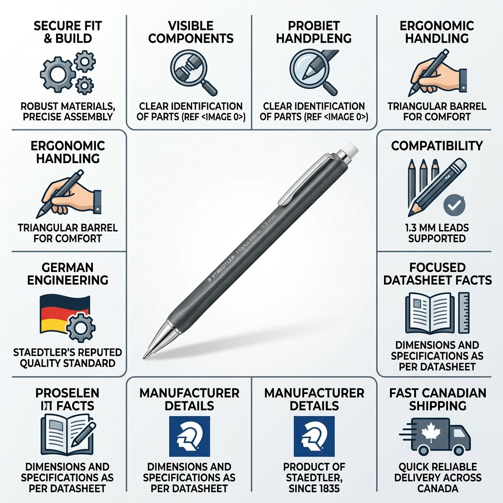 Infographic matrix highlighting Staedtler pencil quality markers, features, and fast shipping.