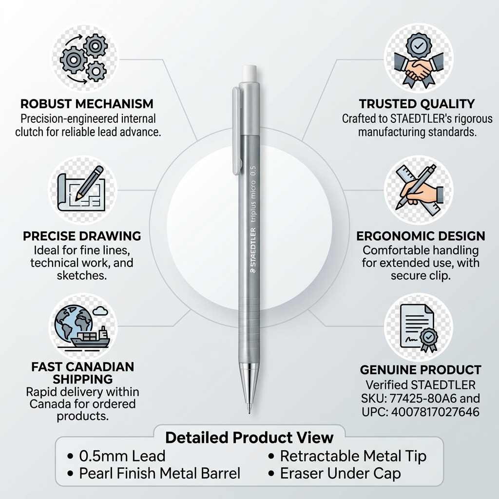 Infographic for STAEDTLER triplus micro 0.5mm, detailing quality, precision, ergonomics, and fast Canadian shipping.