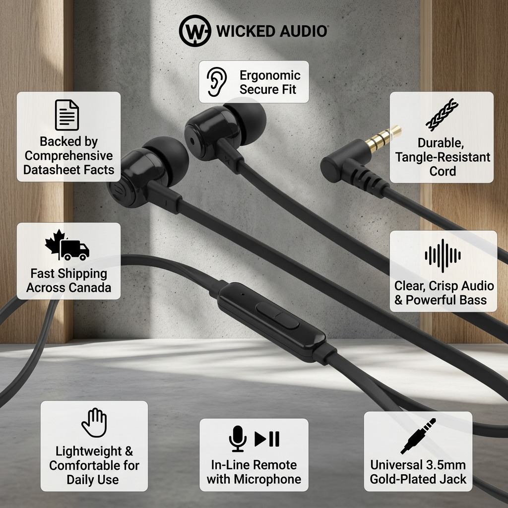 An ecommerce product trust infographic from Wicked Audio detailing the specifications and features of the Hiro wired headphones.