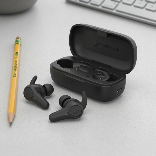 A scale reference image for the Wicked Audio Axoma Black, placed on a desk next to a standard yellow pencil.