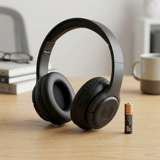 A pair of Wicked Audio Hum 500x over-ear headphones on a desk next to a standard AA battery for scale.
