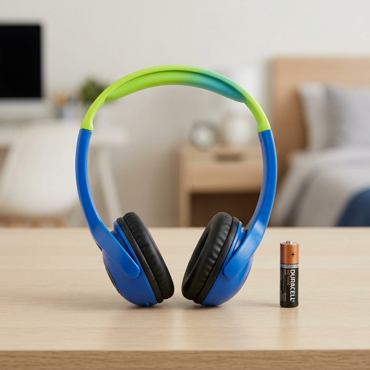 Wicked Audio Tricky Tike Kid-Safe Hero Blue headphones (WIBT452) sitting on a desk next to a standard AA battery for a key scale visualization.