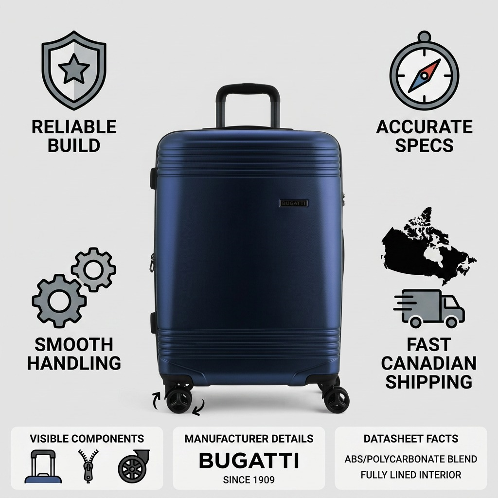 Bugatti Nashville 24-inch navy luggage infographic highlighting its reliable build and fast Canadian shipping.