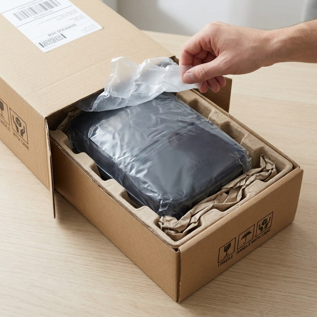 Unboxing the Bugatti Mile End Sling Bag from a secure cardboard box with protective packaging.