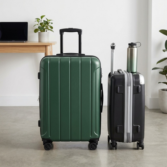 Forest Green Bugatti Osaka 24-inch luggage shown next to a carry-on and water bottle for scale.