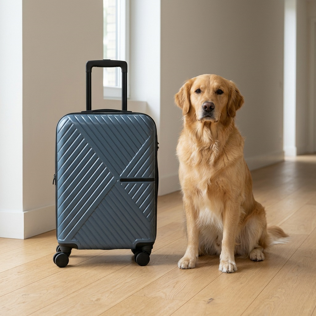 Slate grey Bugatti Berlin Carry-On hardside spinner standing beside a Golden Retriever for scale.