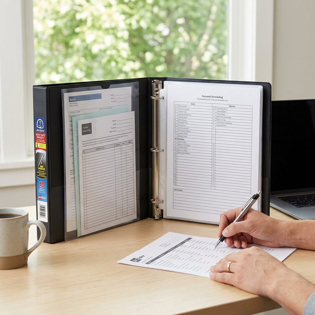 Open Avery 89002 Heavy-Duty 1-inch Binder on a desk with personal scheduling documents and a pen.