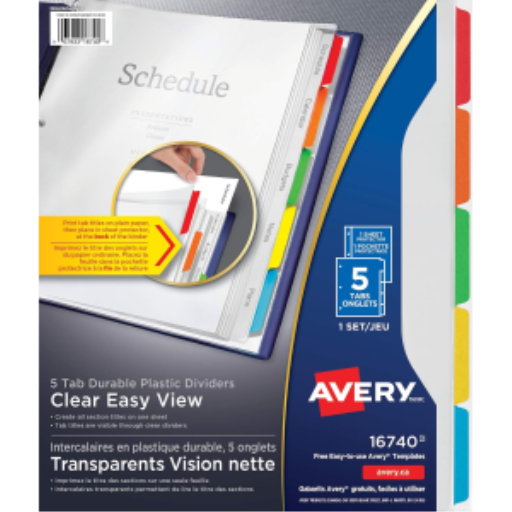 CLEAR EASY VIEW DIVIDERS 5-TAB, MULTI-COLORED TABS AND
