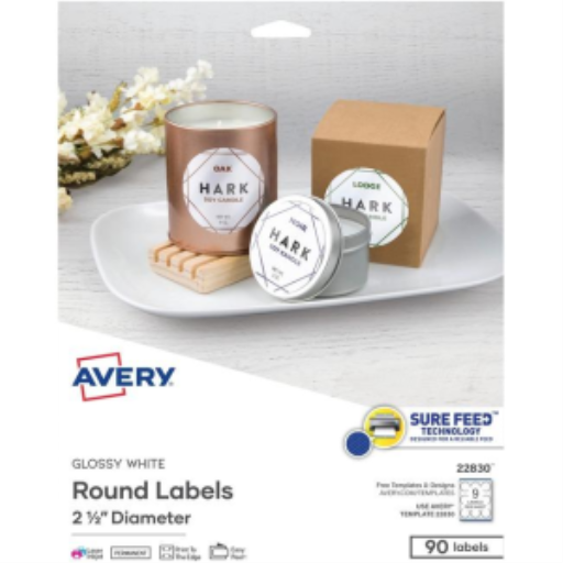 22830 GLOSSY WHITE ROUND LABELS, 2 1/2" DIA., 10 SHTS/ENV.,