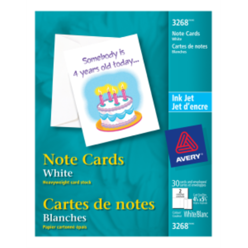 3268 NOTE CARD, 4 1/4" X 5 1/2", WHITE, 15 SHEETS/BOX, 30 CA