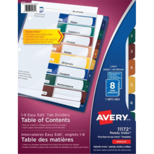 READY INDEX EASY EDIT TABLE OF CONTENTS DIVIDERS, 8 TA