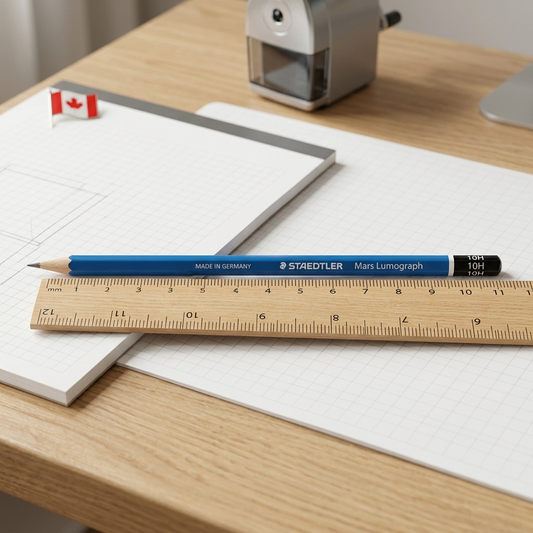 A Staedtler Mars Lumograph 10H pencil with the Canadian flag on a desk.