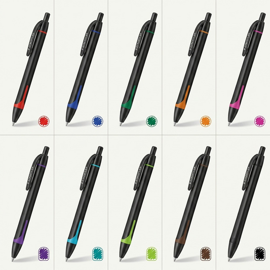 An e-commerce variant matrix image displaying all ten color configurations of the STAEDTLER gel 4670 RT pens in a clean grid.