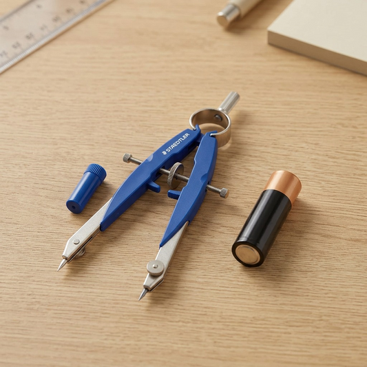 A photographic scale-reference visual matrix image depicting a STAEDTLER Compass Mars 556 comfort, exactly matching the canonical proportions, blue and metal components, and central screw mechanism of the source product, placed flat on a light oak desk next to a standard AA battery. The image uses realistic lighting, accurate scale, product-led ecommerce styling, with no packaging, text, or additional logos.