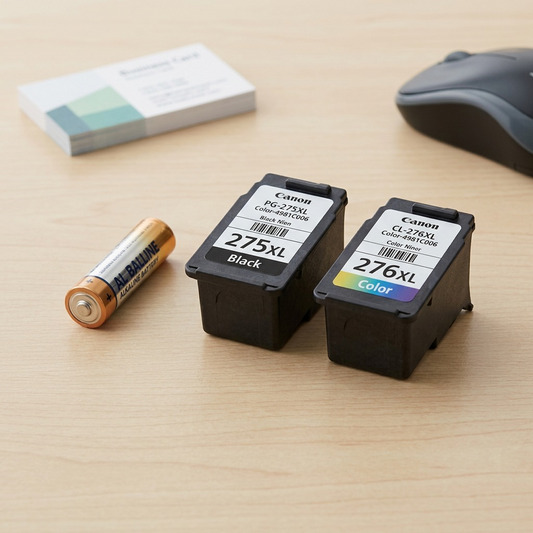 Scale comparison of the Canon PG-275XL / CL-276XL ink cartridges next to a standard AA battery.