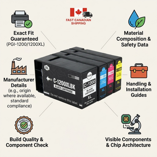 An clean matrix visualization of trust and authority for Canon PGI-1200XL/Value Pack ink tanks. Detailed product features, compatibility data, and fast Canadian shipping icons are presented around the central PGI-1200XL value pack.