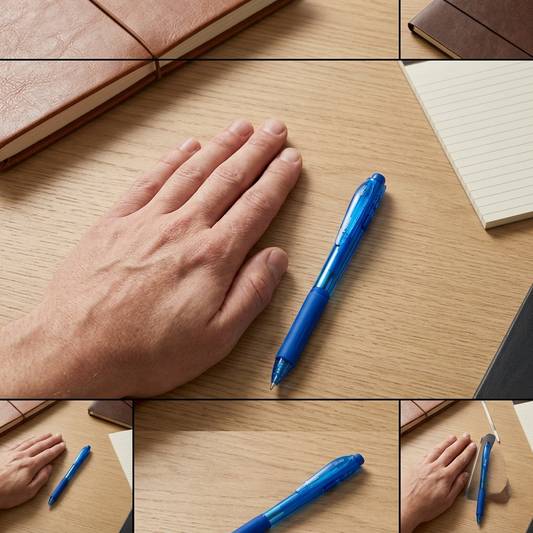 A blue Pentel Wow! retractable ballpoint pen on a desk next to a person's hand for scale reference.
