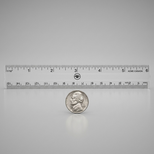 Scale reference photo: the precise Westcott ruler shown, next to a US nickel to highlight its 6-inch length.