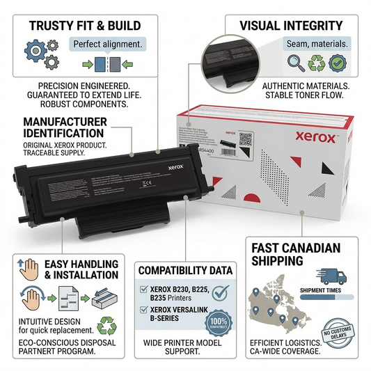 PDP visual matrix infographic showcasing features and trust factors for the Genuine Xerox 006R04400 High Capacity Toner.