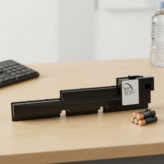 Scale reference: Xerox 106R01081 Waste Cartridge beside AA batteries on a wooden surface.
