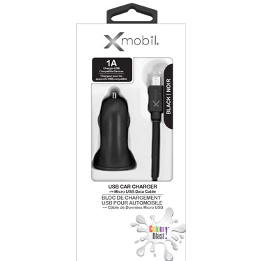 Colour Burst Car Charger 1 Amp 1 Port USB-A with Micro USB 3ft Cable - Black
