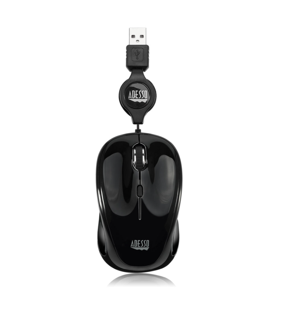Adesso Mouse Wired Retractable Cord 2.5ft S8B 3 Button up to 1200dpi