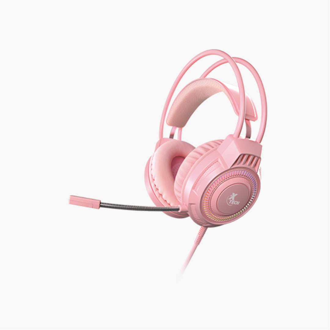Xtech Headset Khione 3.5mm TRRS + USB with Boom Mic Omnidirectional 7 LED Colour Lights with Dual to Single 3.5mm Adapter PC/Console - Pink