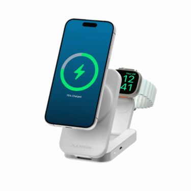 Alogic Qi2 Charging Stand 2-in-1 Flip 2 Phone (15W) & Watch (3W) Charger with 3ft USB-C to USB-C Cable - White